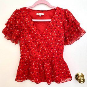 Madewell Size 0 Red Floral Peplum Blouse Top